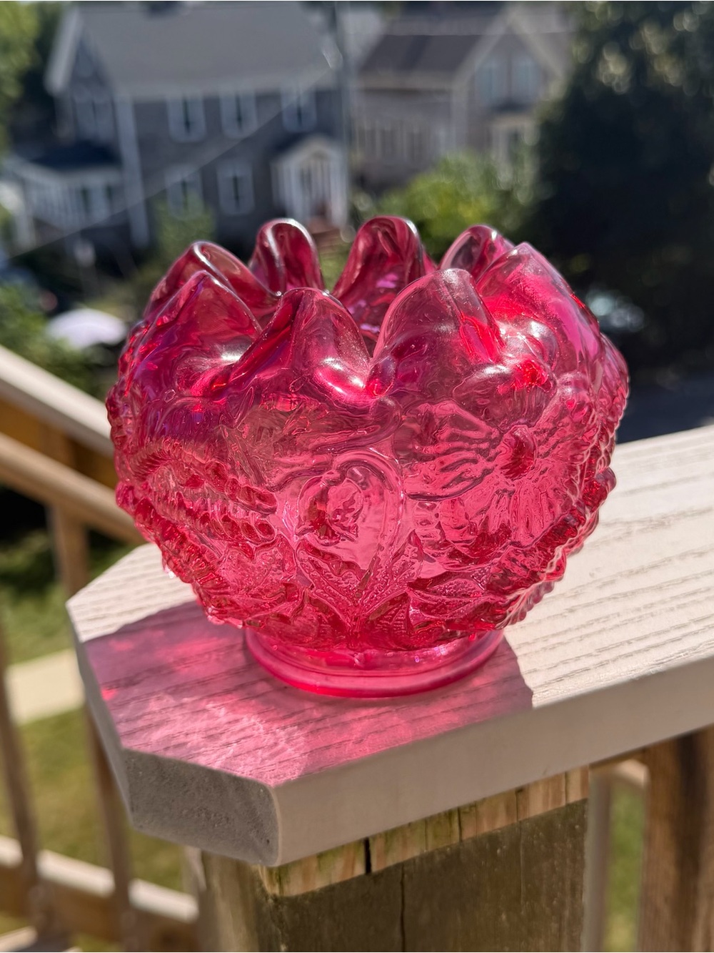 Fenton 1970s Cranberry Rose Poppy Embossed Flowers Crimped Top Rose Bowl Vase